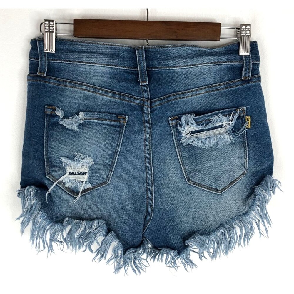 Vibrant MIU Fringed Jean Shorts Women Medium Blue Distressed High Rise Demim - Picture 2 of 5